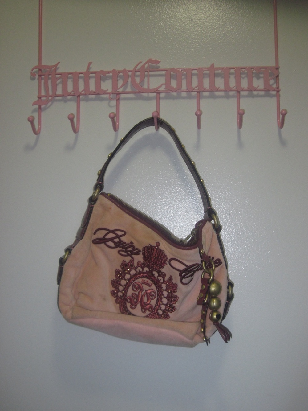 Juicy Couture Pink Shoulder Bag with Maroon Embroidery and Brass Accents
